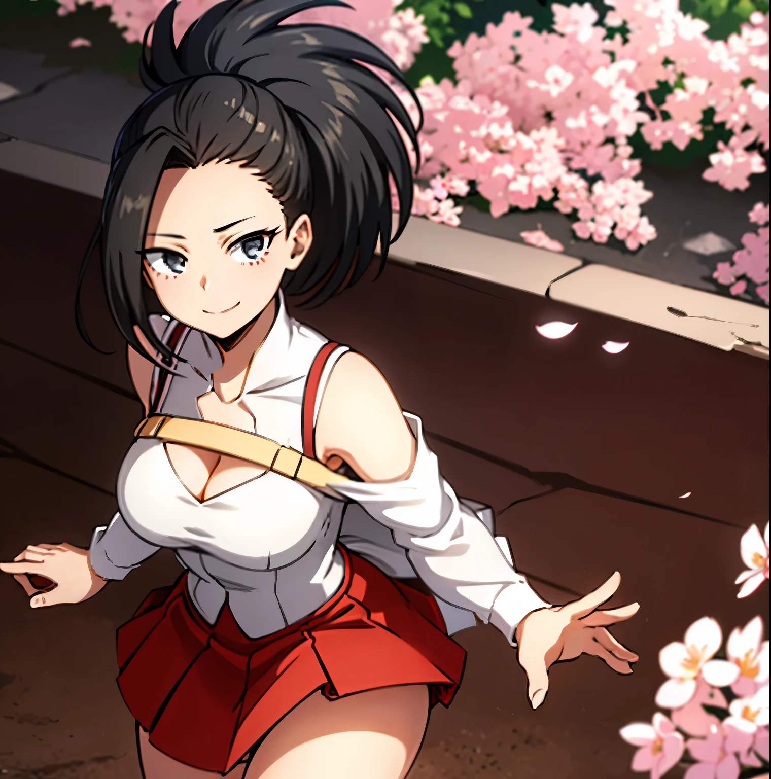 1girl,alone,momo yaoyorozu,masterpiece,best quality,high resolution,ultra detailed,detailed eyes,cowboy shot,dynamic posture,sharp focus,soft and smooth skin,seductive,smiling,closed mouth,looking at viewer,black hair , ponytail, hair tied back, black eyes, big breasts, medium waist, wide hips, wide thighs, round butt, long sleeves, ((red skirt:1.3)), clavicle, off-the-shoulder shirt, ((shoulders bare:1.3)), alone, shirt, ((short skirt)), ((white shirt:1.4)), ((cleavage1.4)), ((floral print)), red heels, smile, standing, direct , arms on waist, outdoors, Japanese park, cherry trees, Looking forward, ((focus on breasts))pov( from middle), perfect anatomy, perfect hands