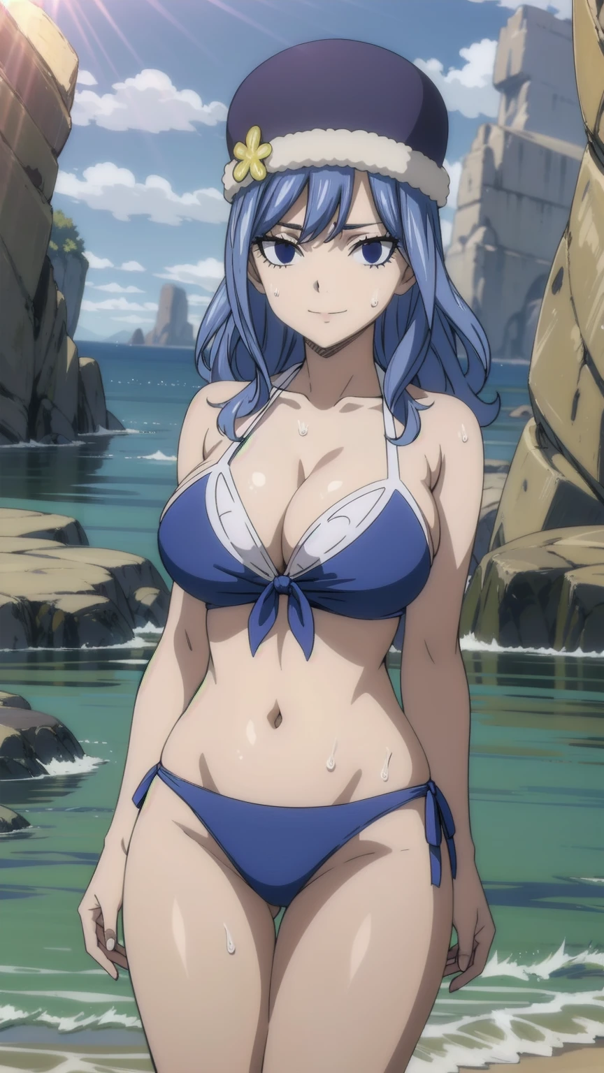 masterpiece, absurdres , (intricate details), (colorful),cinematic lighting,bust shot,extremely detailed CG unity 8k wallpaper, juviagmg,hat, 1girl, Smiling, looking at the viewer, blue theme, blue background, cloudy sky, sunlight, sweat, orgasmic, bikini swimsuit, large breasts, cleavage, belly button exposed, collarbone, thighs, sea and beach,