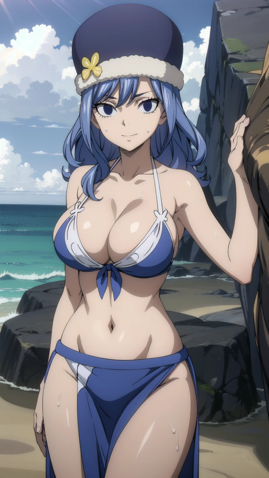 masterpiece, absurdres , (intricate details), (colorful),cinematic lighting,bust shot,extremely detailed CG unity 8k wallpaper, juviagmg,hat, 1girl, Smiling, looking at the viewer, blue theme, blue background, cloudy sky, sunlight, sweat, orgasmic, bikini swimsuit, large breasts, cleavage, belly button exposed, collarbone, thighs, sea and beach,