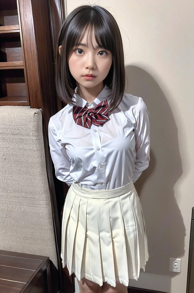(masterpiece, Highest quality:1.2), full body shot, Bow tie, dress shirt, navyblue pleated skirt, Japanese Student Model, One girl, middle hair, alone, ((arms behind back)), Locked in the dungeons of the castle