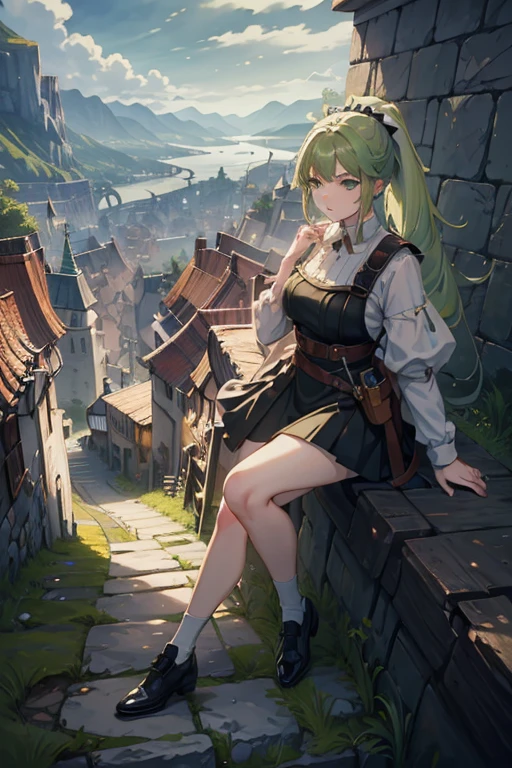 (masterpiece, Highest quality:1.2), One girl, alone，ponytail，Green and white gradient hair，Green Eyes,Adventurer,middle ages,Leather shoes,Background city,Sword in left hand,Flame in the right hand