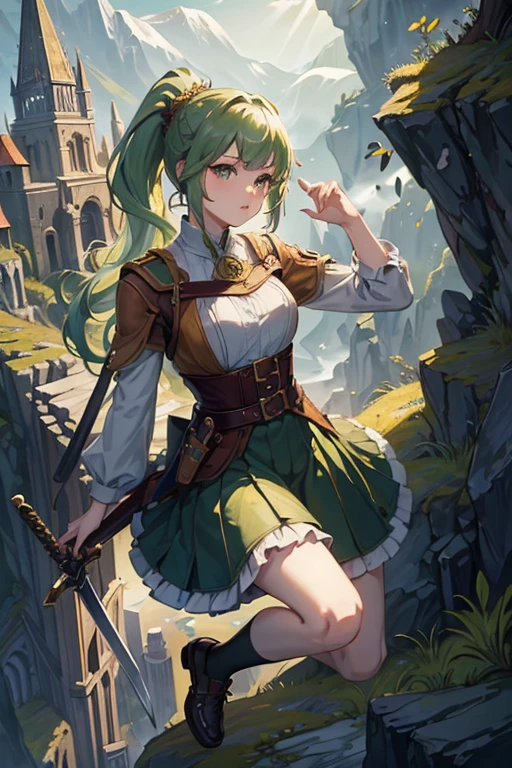 (masterpiece, Highest quality:1.2), One girl, alone，ponytail，Green and white gradient hair，Green Eyes,Adventurer,middle ages,Leather shoes,Background city,Sword in left hand,Flame in the right hand