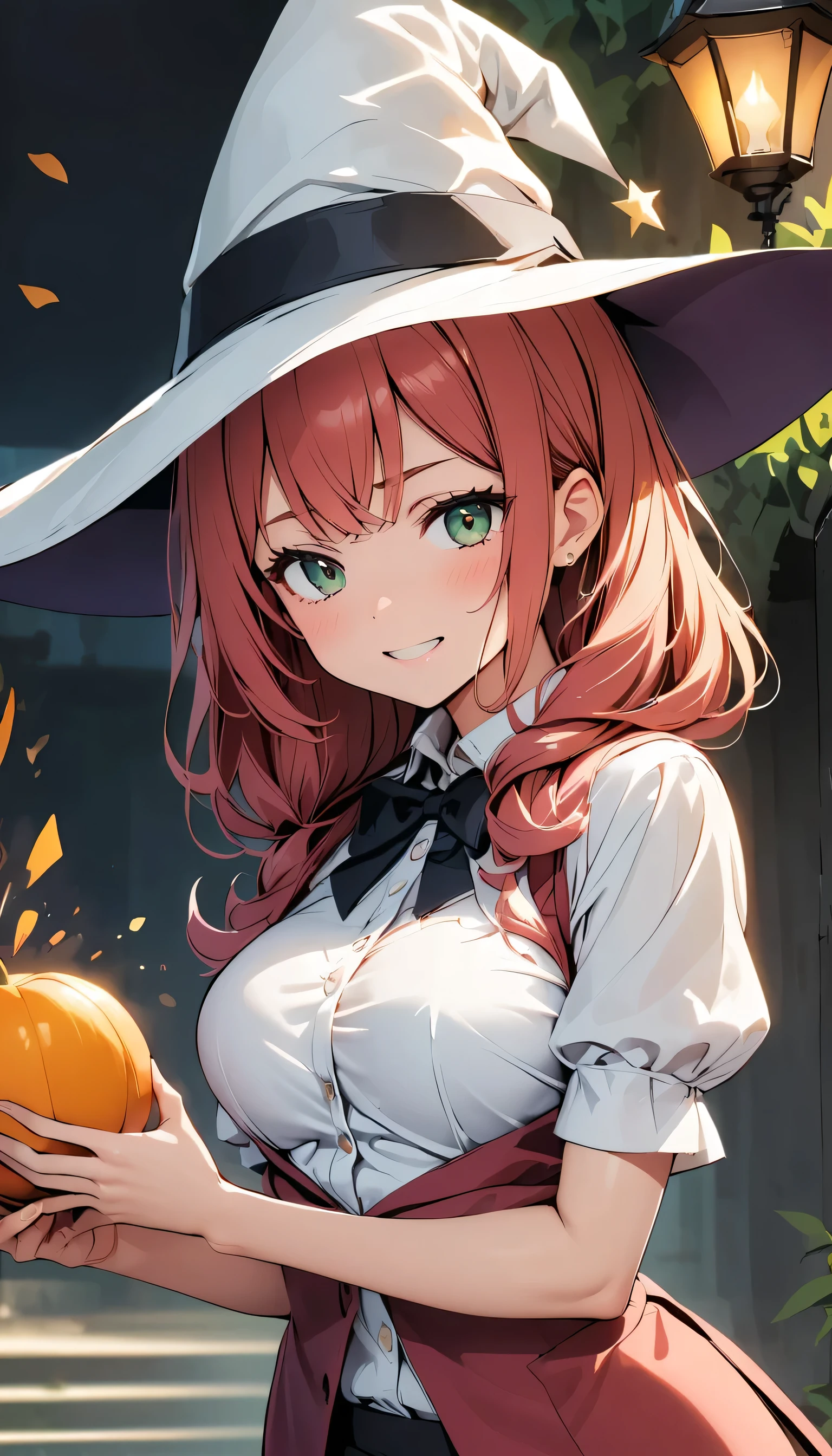 (masutepiece, Best Quality:1.4), (hight resolution:1.4), (Detailed illustrations:1.2), (hyperdetailed face), (Highly detailed thin line drawing), 1girl in, Solo, Walking Model at Halloween Fashion Show, look at viewr, Cowboy Shot, view from front, BREAK, girl, 18 yo, (Waist Body, Fair skin:1.1), (Medium Bob Orange Hair), Green eyes, (Super huge breasts, cleavage:1.2), (Happy smile:1.2), blush, (Halloween color patterned ultra micro bikini:1.3), BREAK, (Half Nude, Open your clothes), (Show Under:1.2), (Black Wizard Hat, Orange lining, Black cloak, Black opera glove with lace hem, Limited Halloween Costumes),