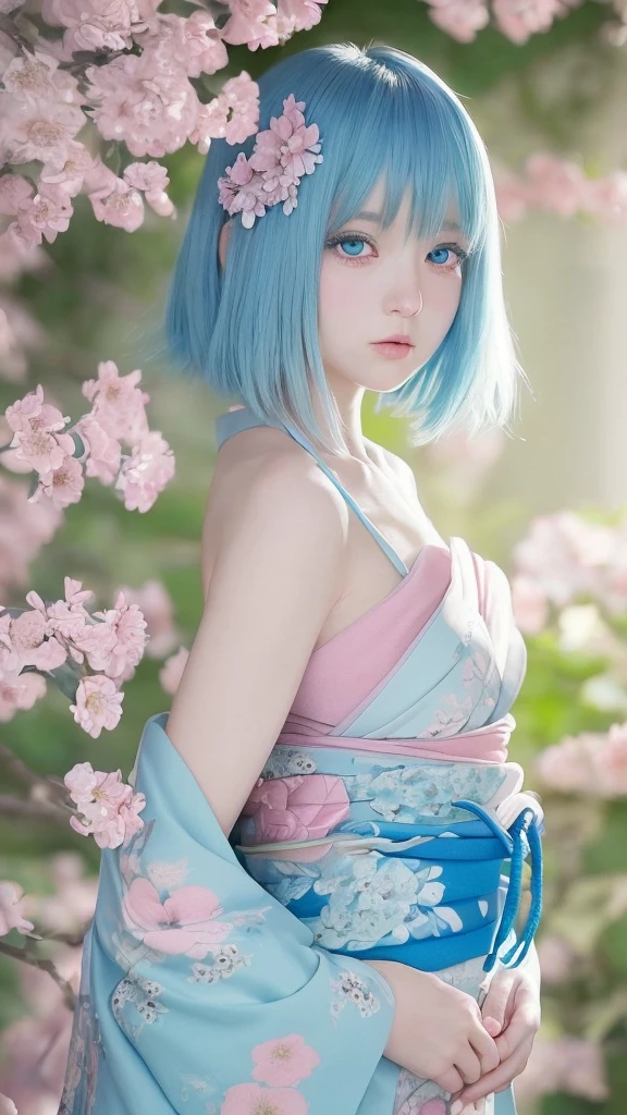 Create a digital illustration of a cute anime-style girl。she若々With a delicate appearance、With big, expressive blue eyes、She has short pastel blue bob hair.。she、Mainly in soft tones of blue and pink with floral decorations、Wearing an elaborate traditional kimono。Her hair features an intricate floral arrangement of flowers and ornaments。she両手で青く輝くハート型の宝石を持っていて、It gives off a soft light。The whole atmosphere is magical and serene.、It features soft lighting that focuses on the fine details of the characters' clothing and accessories.。