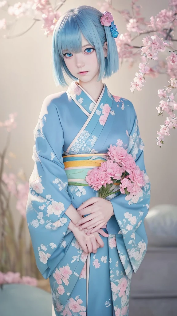 Create a digital illustration of a cute anime-style girl。she若々With a delicate appearance、With big, expressive blue eyes、She has short pastel blue bob hair.。she、Mainly in soft tones of blue and pink with floral decorations、Wearing an elaborate traditional kimono。Her hair features an intricate floral arrangement of flowers and ornaments。she両手で青く輝くハート型の宝石を持っていて、It gives off a soft light。The whole atmosphere is magical and serene.、It features soft lighting that focuses on the fine details of the characters' clothing and accessories.。