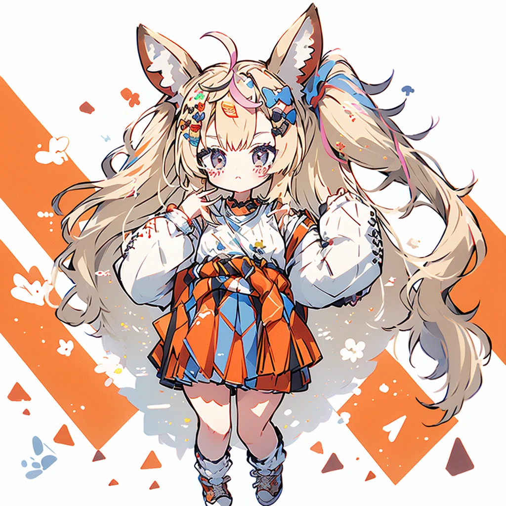 masterpiece, best quality, highres, op1, animal ears, hair ornament, side ponytail, fox tail, clothes around waist, animal ears, loose socks, streaked hair, white shirt, , wrist scrunchie, white socks, gyaru, miniskirt, pleated skirt, red skirt, loose bowtie, long sleeves, jewelry, 