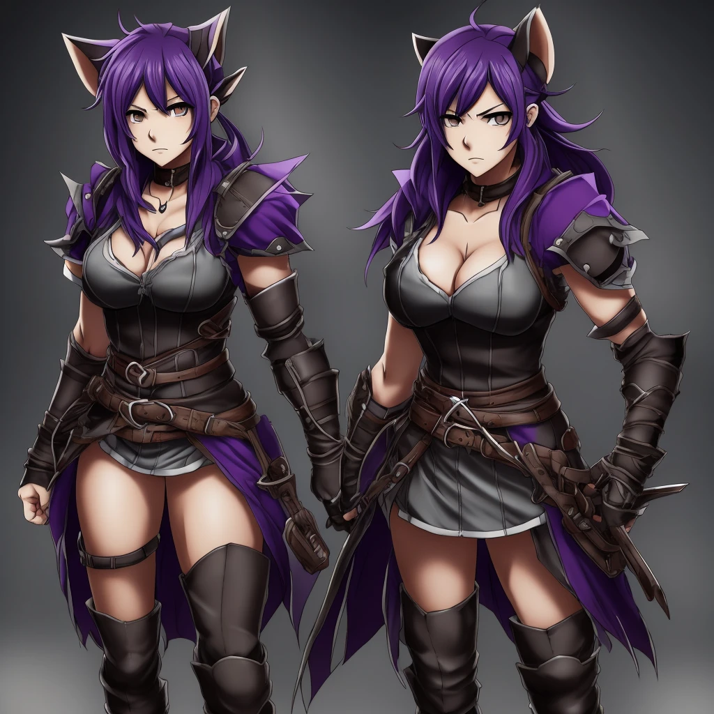 a female character for a soul eater style anime with these characteristics:

- A bear-woman demi-human (just bear paws and ears)
- Scar on the cheek and neck - Lifeless dark purple eyes and short dark purple hair - An extremely tired look - Above average breasts, while the rest of the proportions are average - His clothes are leather armor with iron plates on his chest, shoulders,knees."