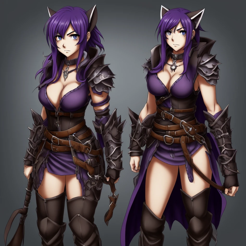 a female character for a soul eater style anime with these characteristics:

- A bear-woman demi-human (just bear paws and ears)
- Scar on the cheek and neck - Lifeless dark purple eyes and short dark purple hair - An extremely tired look - Above average , while the rest of the proportions are average - His clothes are leather armor with iron plates on his , shoulders,knees."