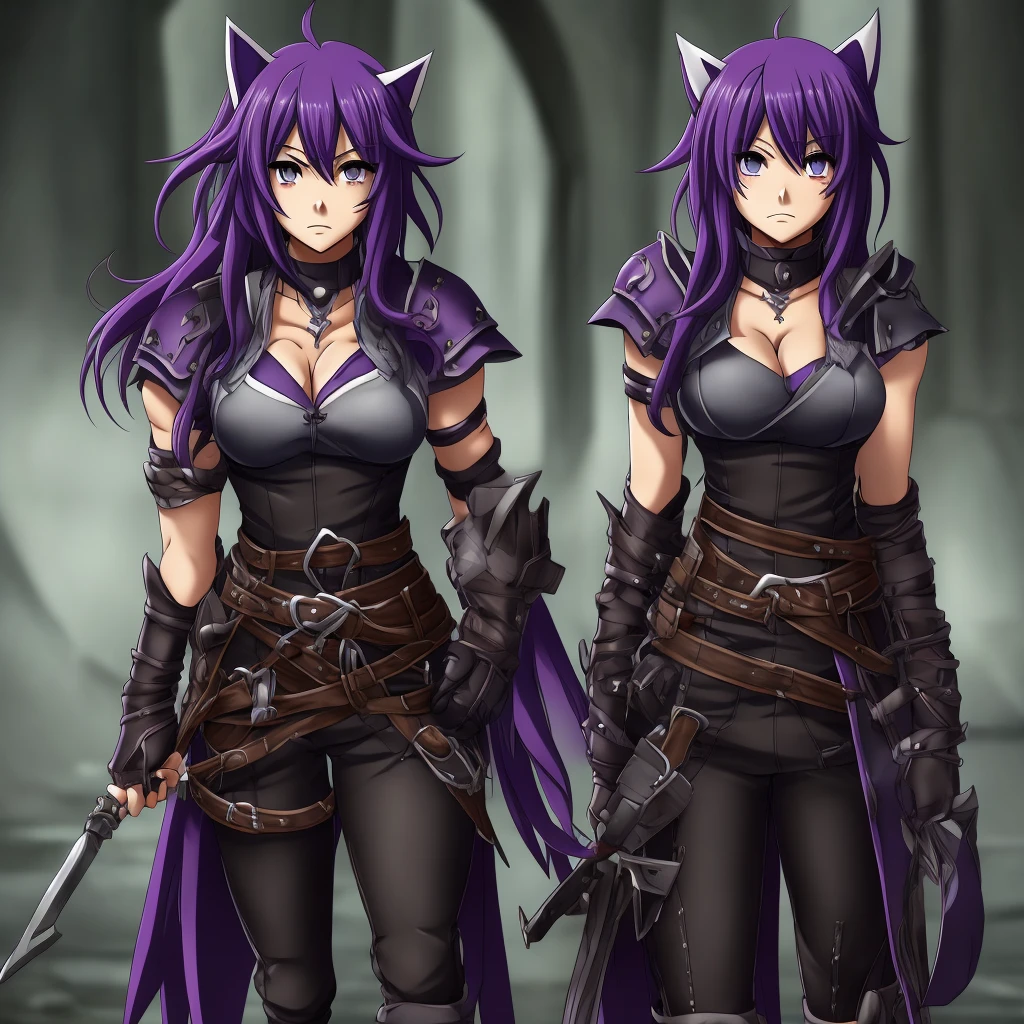 a female character for a soul eater style anime with these characteristics:

- A bear-woman demi-human (just bear paws and ears)
- Scar on the cheek and neck - Lifeless dark purple eyes and short dark purple hair - An extremely tired look - Above average breasts, while the rest of the proportions are average - His clothes are leather armor with iron plates on his chest, shoulders,knees."