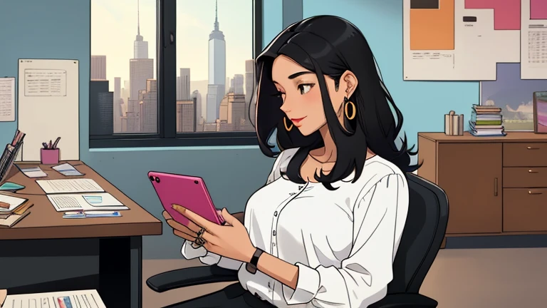 In the background there are many desks and people, Beautiful black-hair woman in her 30s sitting chair in an spacious and colorful office. looking down, relaxed atmosphere, cozy, LOFI girl, blouse, desk, documents, laptop, watch, smartphone, stationery, wide glass window, only five fingers, New York, colorful, can see skyscrapers outside the window, colorful wall, pierced earrings, ring, cabinet, offee cup, Well-proportioned face, Unbroken fingers, unbroken fingers, beautiful captured fingers, White skin, Japanese, She has nothing in her hands, Only two hands!