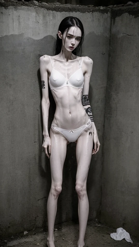 a woman, very thin body, body visible bones, very slender, sweaty wet body, pale white skin, panties, bra,tatto, full body, has a mental breakdown in an underground prison,