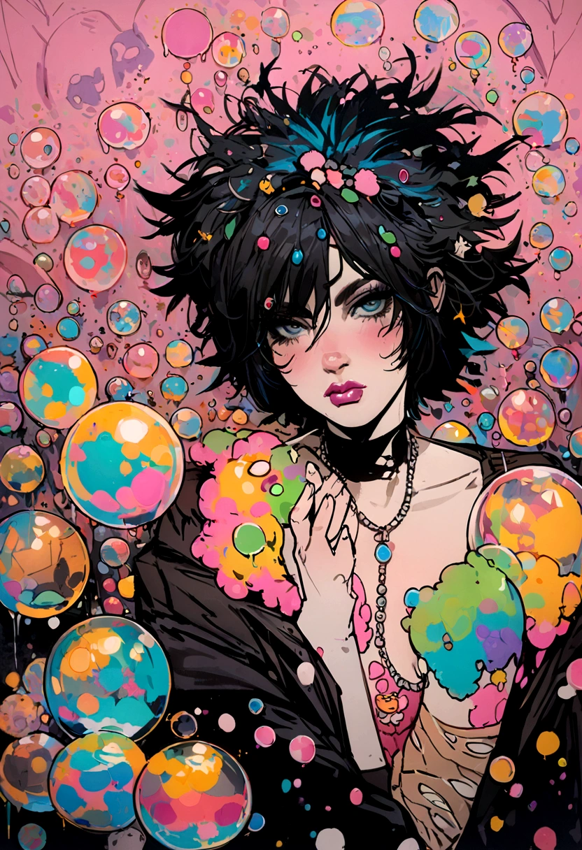 samdoesarts style drunk beauty plays the delirious person in the sandman, (Colorful soap bubbles that create hallucinations), author：Jeremy Mann, By Sandra Chevrier, author：dave mckean、richard avedon 和 maciej cuciara, Punk Rock, girl, High Detail, 8K