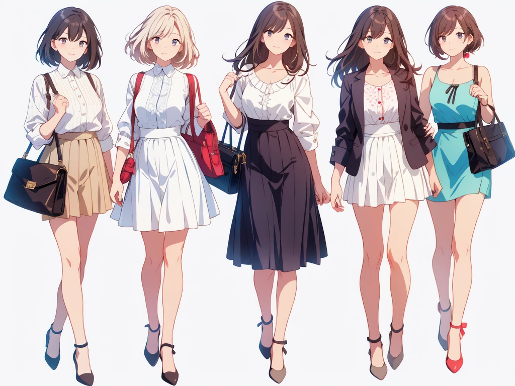 (((Best Quality))) , ((full body)), 4 lady, adult woman, multiple views, white background, variety of hairstyles, variety of fashion styles, seductive pose, fashionable and trendy atmosphere, holding bag, spring outfits, walk pose,
