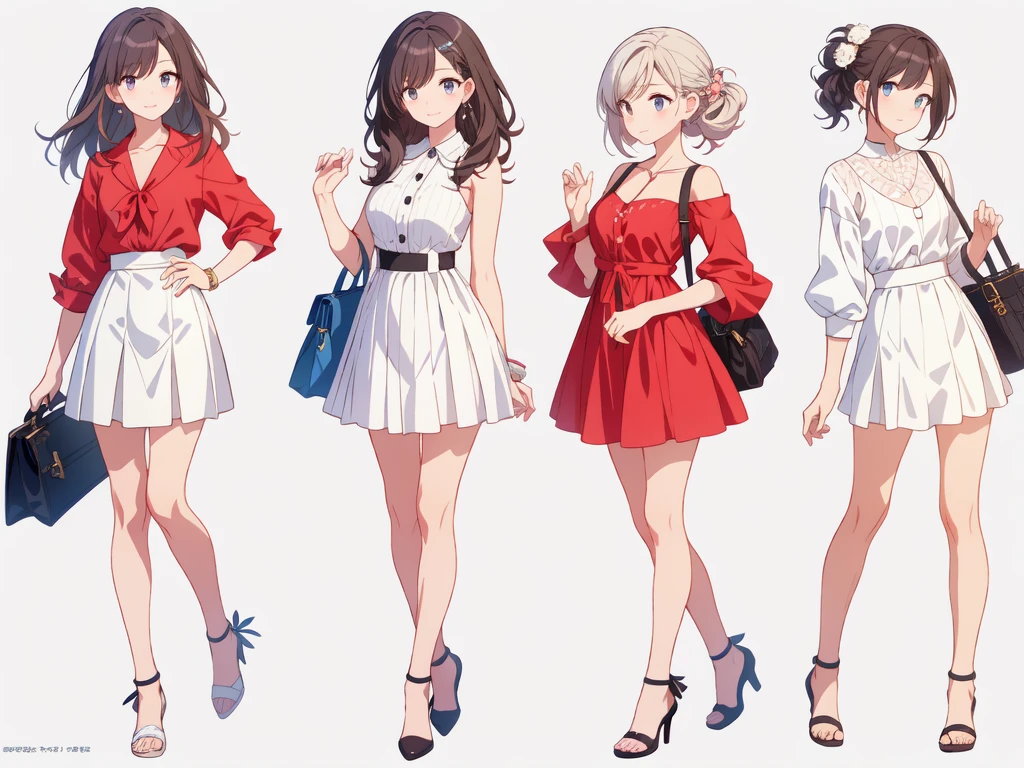 (((Best Quality))) , ((full body)), 4 lady, adult woman, multiple views, white background, variety of hairstyles, variety of fashion styles,  pose, fashionable and trendy atmosphere, holding bag, spring outfits, walk pose, 
