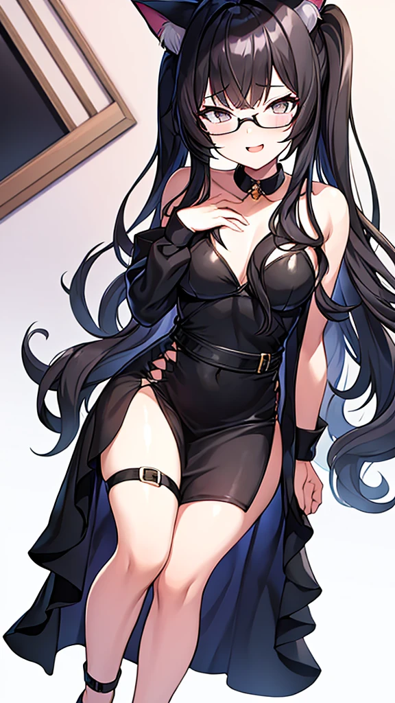 A 20-year-old cat girl with long black hair, gray eyes, cat ears and a cat tail, wears glasses, a sexy black evening dress that reaches to her feet,
