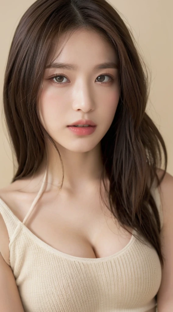 ((​masterpiece:1.4、top-quality))、(photographrealistic:1.4)、profetional lighting、physically-based renderingt, dark brown hair、layers-Cut、extra detailed face、Detailed skin、(Women in Japan:1.05)、21 yo、thin bunches of bangs、knit、White Room、white walls、Bright lighting,  topless, nsfw, nipples