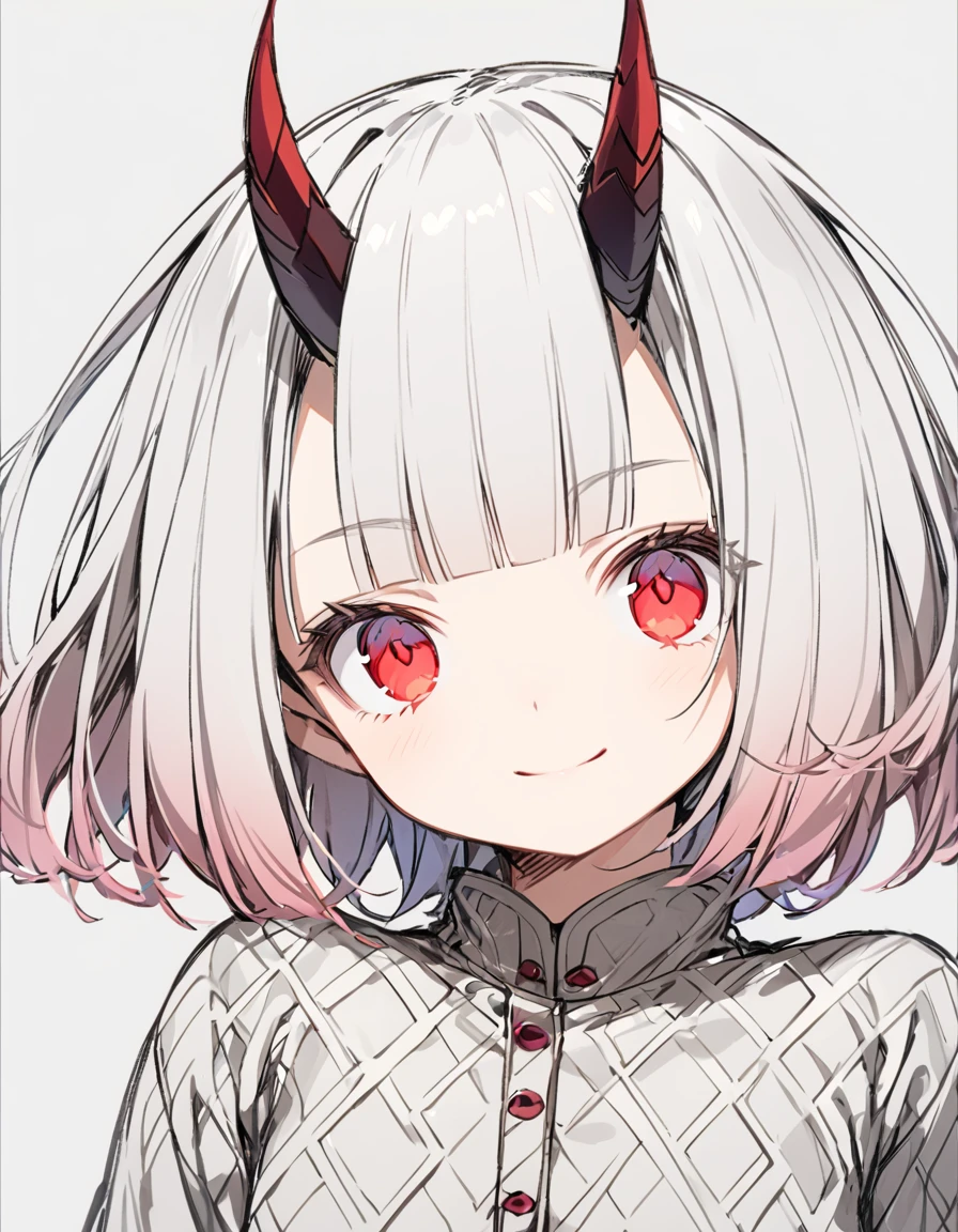 A young girl with horns growing from her forehead(Sketches), (Open Close), (Small body), (White Hair:1.5） (Short Hair:1.4), (Red eyes)(Blunt bangs:1.3)Horns from the forehead　smile

