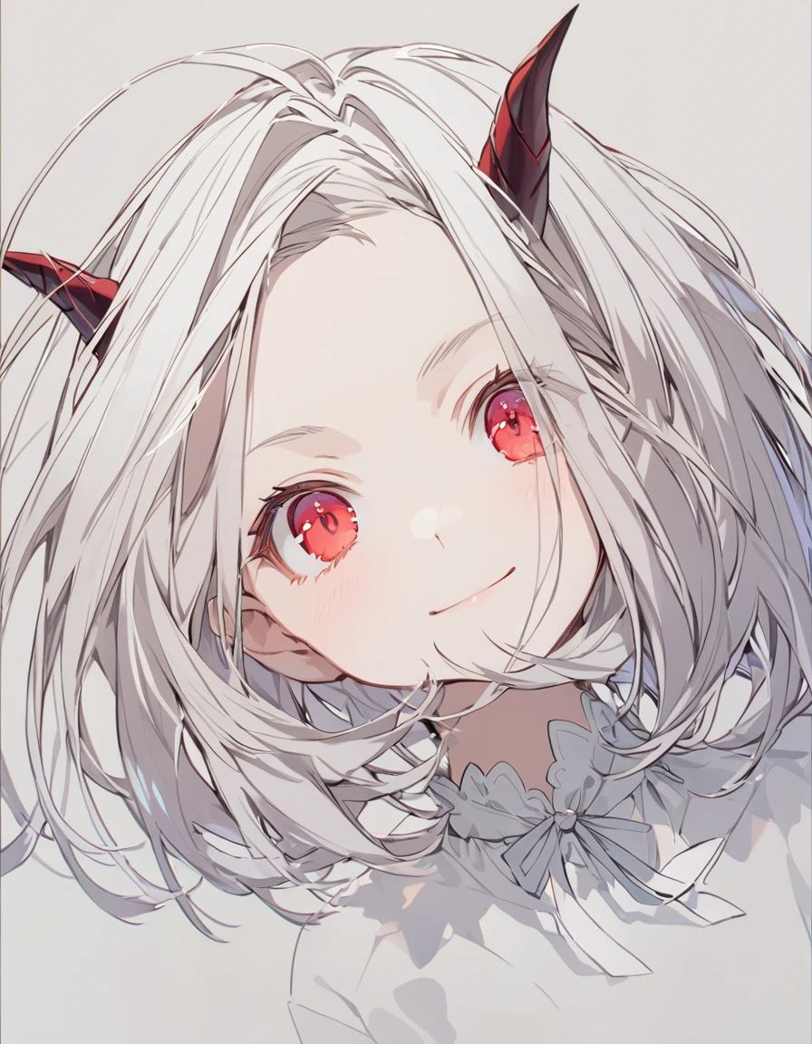 A young girl with horns growing from her forehead(Sketches), (Open Close), (Small body), (White Hair:1.5) (Short Hair:1.4), (Red eyes)(Blunt bangs:1.3)Horns from the forehead smile