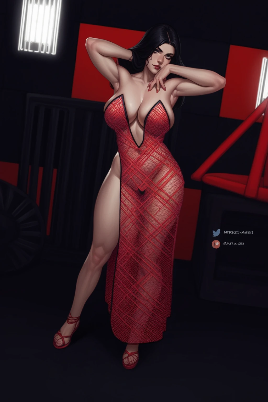 The character stands

confidently, wearing a revealing,

form-fitting red dress with a mesh

pattern. The dress features a deep V

neckline and is designed to highlight

her curves, with high splits on both

sides to showcase her legs. She

wears matching red high-heeled

sandals. Her long, black hair cascades

loosely around her shoulders. She

strikes a confident and sultry pose,

with her right arm bent and her hand

resting on the back of her head,

while her left hand rests near her

chin. Her  expression is one of

allure and focus, with a gaze directed

towards the viewer. The background

features dark and red elements,

suggesting a modern or industrial

environment.