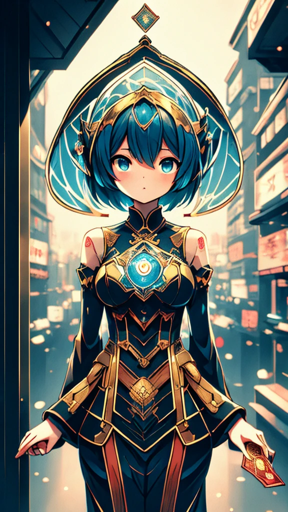 Cards,There are many cards floating in the sky,Girl holding cards,Girl holding a card,Fantasy style,Magic Style,Sci-fi style,Sci-fi style与Magic Style,A girl holding a card with many cards floating behind her,Girl holding a card between two fingers,Girl holding cards,Correct human body structure,Correct body proportions,Girl holding a card,Girl holding cards,The girl holds a card in her hand,Street background,现代Street background,现代都市Street background,Magic Style的背景,Modern urban background,Cards floating in the sky,Cards floating in the background,Upper body close-up,Close-up above the waist,背景中有很多Cards floating in the air,Cards floating in the air,Tarot cards floating in the air