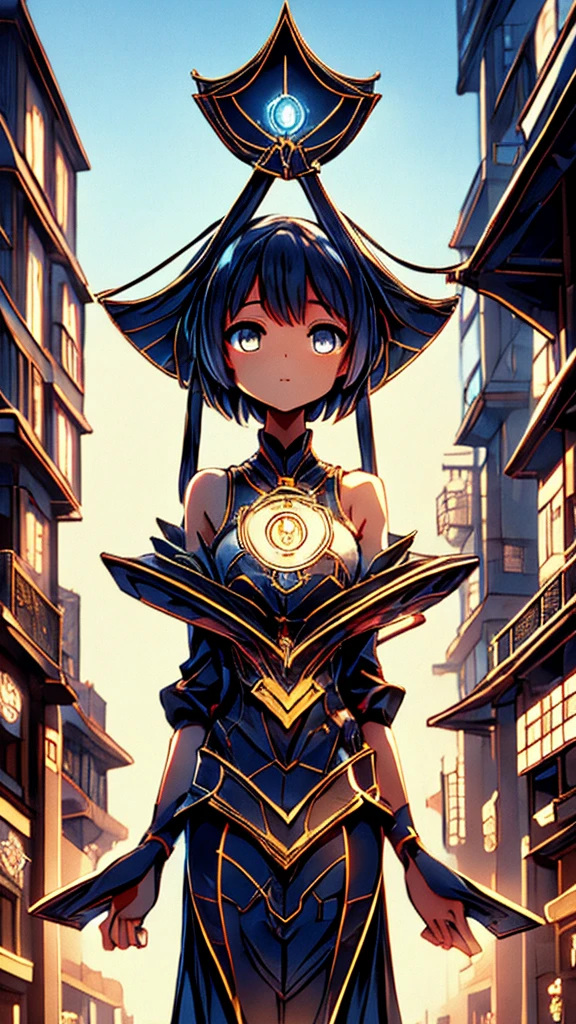 Cards，There are many cards floating in the sky，Girl holding cards，Girl holding a card，Fantasy style，Magic Style，Sci-fi style，Sci-fi style与Magic Style，A girl holding a card with many cards floating behind her，Girl holding a card between two fingers，Girl holding cards，Correct human body structure，Correct body proportions，Girl holding a card，Girl holding cards，The girl holds a card in her hand，Street background，现代Street background，现代都市Street background，Magic Style的背景，Modern urban background，Cards floating in the sky，Cards floating in the background，Upper body close-up，Close-up above the waist，背景中有很多Cards floating in the air，Cards floating in the air，Tarot cards floating in the air