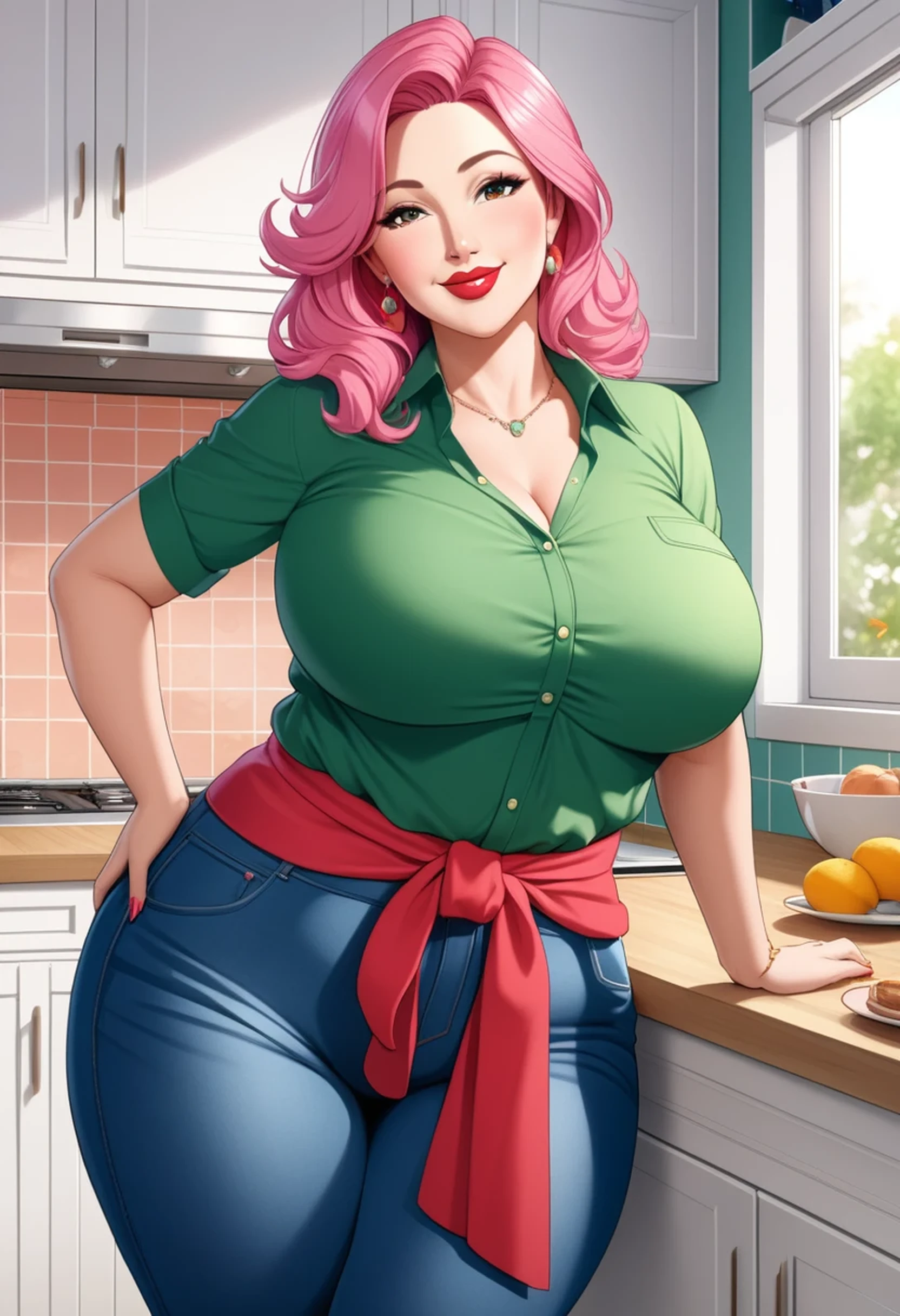 mejor calidad: 1.0), (súper alta resolución: 1.0), 1girl, mature female,long pink hair, housewife, chubby belly, tall, green shirt, blue jeans, red lipstick, prominent lips, gentle smile, Big breasts, saggy breasts, curvy, Big ass, kitchen