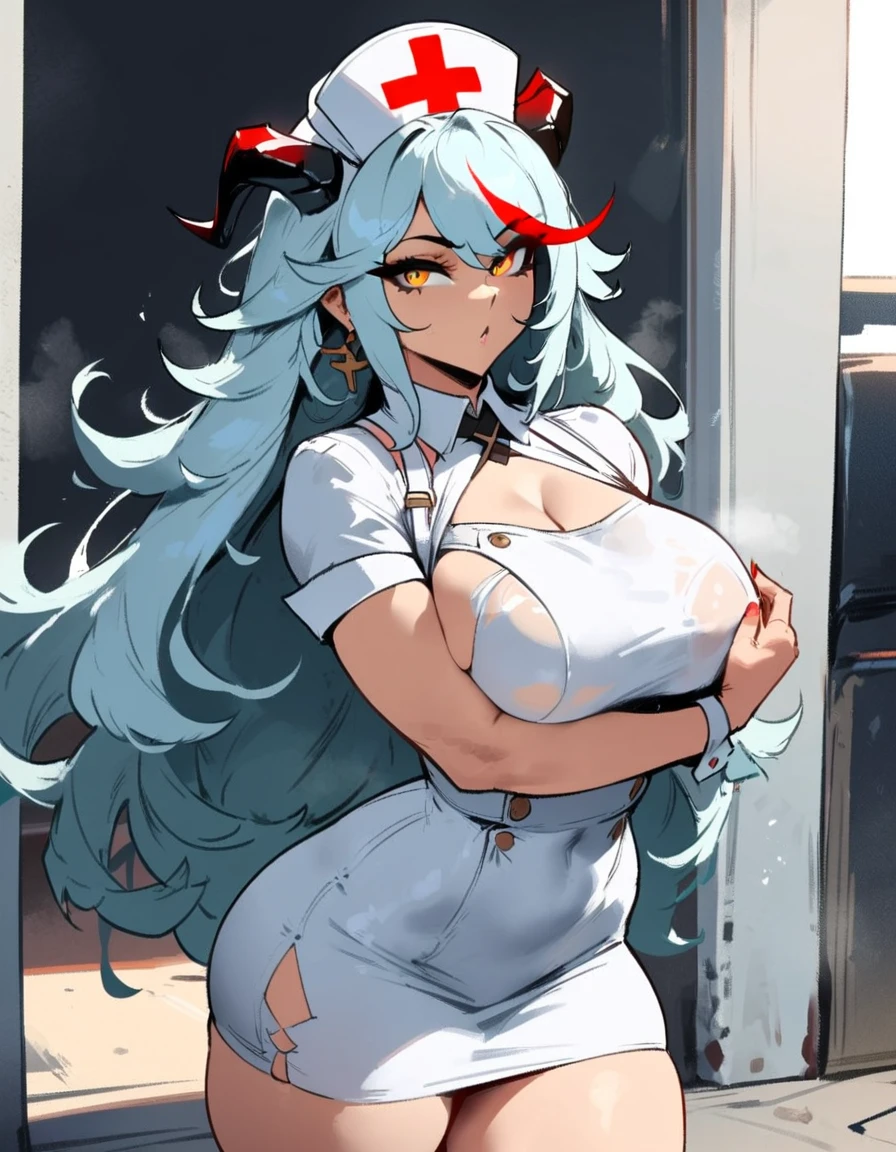 1girl, aegir \(azur lane\), azur lane \\\\\ masterpiece, best quality, very aesthetic, absurdres, newest \\\\\\ sportive body,  \\\\\\ by nyantcha,,by cutesexyrobutts,by khyle ///// white hair with a single prominent red streak, black horns, yellow eyes,  , white (nurse outfit:1.2), skirt, , white pencil skirt, nurse cap, , , a red cross on the cap, standing