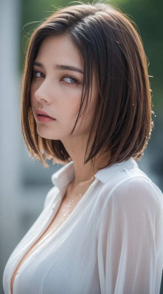 ((Best Quality, 8K, Masterpiece: 1.3)), Sharp: 1.2, Perfect Body Beauty: 1.4, Slim Abs: 1.2, ((Layered Hairstyle, Big Breasts: 1.2)), (Wet White Button Long Shirt: 1.1), (Rain, Street: 1.2), Wet: 1.5, Highly detailed face and skin texture, detailed eyes, double eyelids, side face looking at the camera