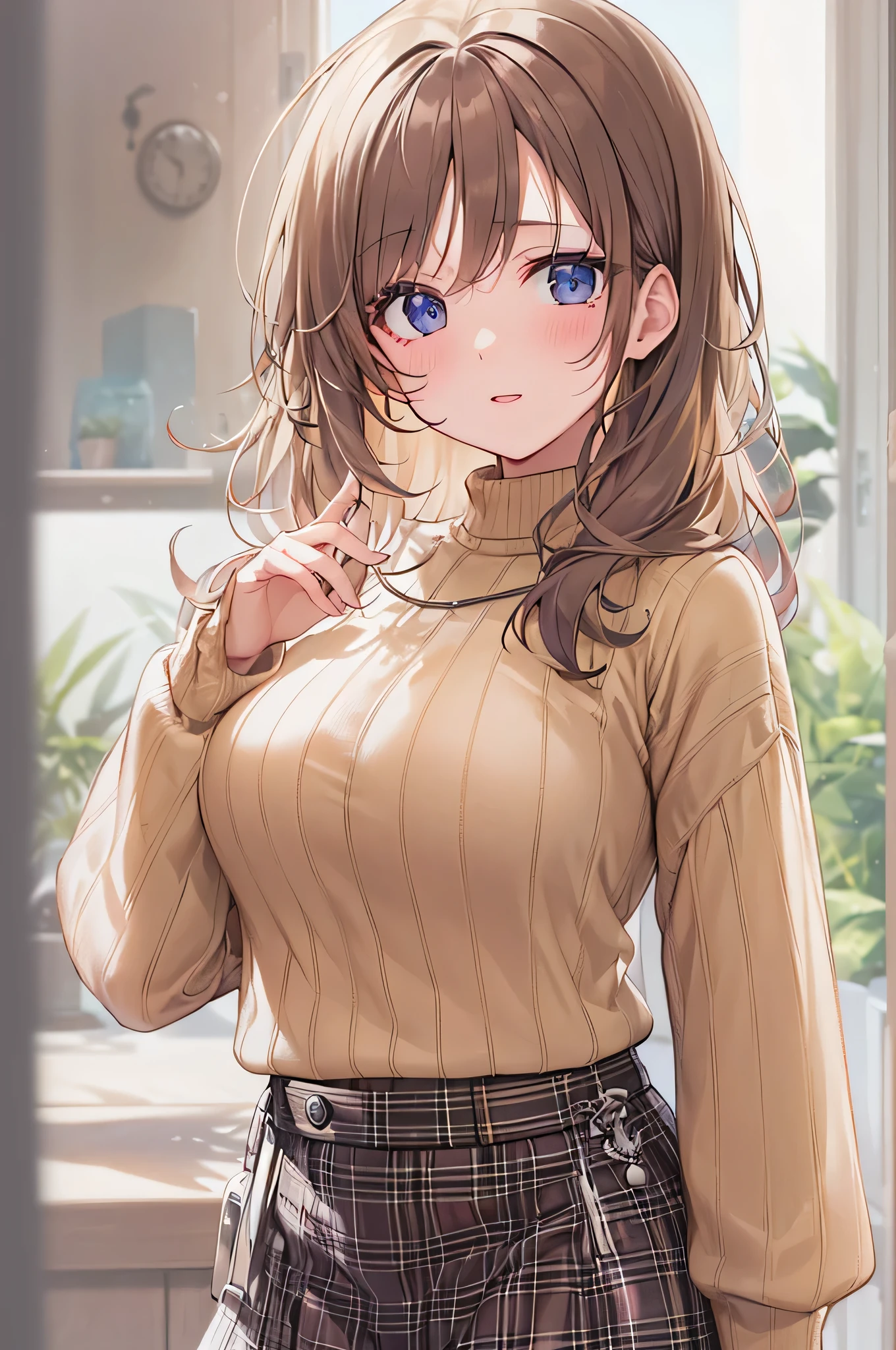 (masterpiece)), ((Highest quality)), (Super detailed), ((cute)), cute, (Lovely), ((Very detailed)), 4K, (8K), Highest quality, (beautiful),(((World Class Quality))), Very detailed, High resolution, (Beautiful face with detailed shading), whole body, teenager, alone, (((Huge breasts))), (((Saggy breasts))), spring_Costumes, brown sweater, sweater, Ribbed_sweater, length_sleeve, white_pants,