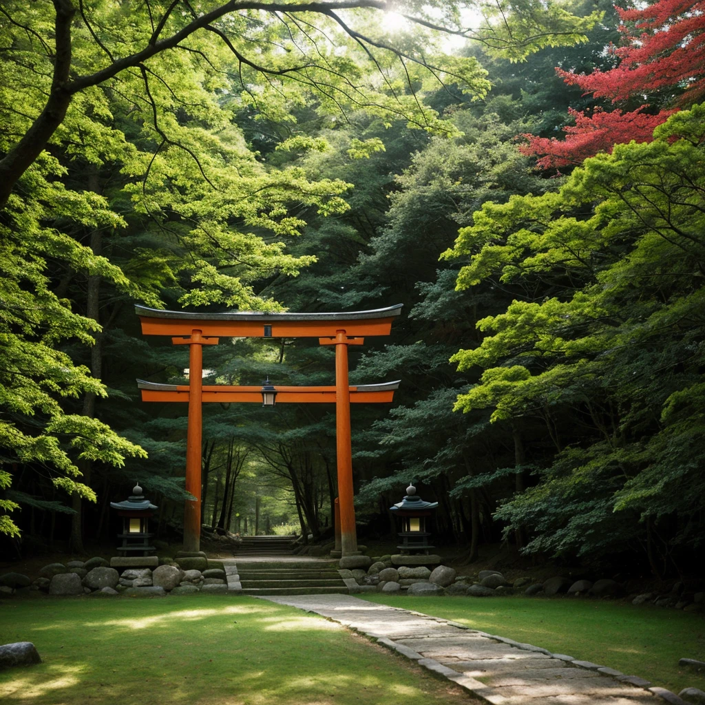 The lantern of Yomi-no-Kuni in a lake with lampions and lights in a forest with trees with white lanterns on it with red accents with a torii gate in the middle with light shafts shining through the trees and the forest, so you can see a bit of the sky
make it brighter please
only one torii gate and make it brown with a grid
also more green plants and bushes
