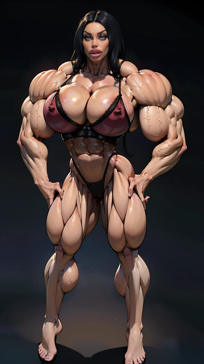 (megan fox), ((((female bodybuilder)))), (((((very muscular))))), (((huge upper body))), (((narrow hips))), long hair, ((black sexy lingerie)), ((((full body front view)))), (((perfect hands, perfect fingers))), ((grey background))