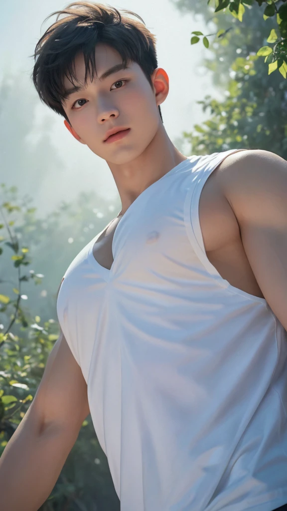 A handsome young Chinese man stands by the Jiande River at dusk, with a gentle mist rising from the water. He has a thoughtful expression, his gaze directed towards the horizon. His hair is straight with natural bangs, and his face is clean-shaven, giving him a youthful and fresh appearance reminiscent of popular social media influencers.
The man has a muscular build with huge, plump pecs, emphasizing his strong and athletic physique. He is dressed simply, blending seamlessly into the soft, natural background. The scene is depicted in the style of Impressionism, with soft, pastel colors and a hazy, dreamy quality. The sky and river, reflecting the hues of the setting sun, are painted in pale oranges, pinks, and blues.
In the background, the vast wilderness stretches out, with the sky seemingly touching the distant trees. The clear river, illuminated by the moonlight, appears almost like a dear friend, close and comforting. The brushstrokes are light and airy, capturing the tranquility and subtle beauty of the moment, creating a serene and gentle atmosphere.
The composition is designed from a "boyfriend perspective," with the young man in a sensual pose, focusing on his chest and face, and using a POV from below to create a dynamic and immersive effect. This perspective enhances the intimate and engaging quality of the artwork.
((depth of field)),((open and vast place)),telephoto lens,(((close-up))),(chest focus),(((perspective from below))),(simple background),(simple color),((blurry)),(horizon),
1boy,cool guy,peaceful,((floating short hair)),((((bangs)))),(((soft clean hair))),(((silky skin))) ,((smooth skin)) ,clean body,(clean face),((smooth face)),(natural pretty face),((adam's apple)),((solo)),(age),(wind),(chin up),(hopeful),
((skin tight open shirt)),(mini white shirt),((see-through)),,muscular,(broad shoulders),((huge wide chest)),(((huge plump chest))),((bursting chest)),(((huge muscle ))),(((hyper pecs))),(bodybuilder),((beautiful cleavage)),