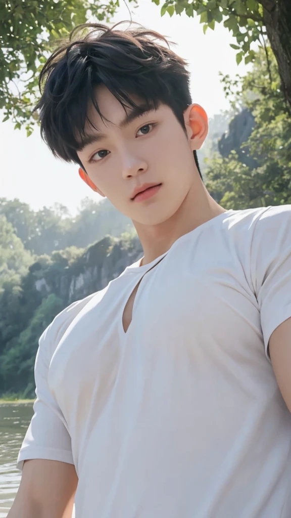A handsome young Chinese man stands by the Jiande River at dusk, with a gentle mist rising from the water. He has a thoughtful expression, his gaze directed towards the horizon. His hair is straight with natural bangs, and his face is clean-shaven, giving him a youthful and fresh appearance reminiscent of popular social media influencers.
The man has a muscular build with huge, plump pecs, emphasizing his strong and athletic physique. He is dressed simply, blending seamlessly into the soft, natural background. The scene is depicted in the style of Impressionism, with soft, pastel colors and a hazy, dreamy quality. The sky and river, reflecting the hues of the setting sun, are painted in pale oranges, pinks, and blues.
In the background, the vast wilderness stretches out, with the sky seemingly touching the distant trees. The clear river, illuminated by the moonlight, appears almost like a dear friend, close and comforting. The brushstrokes are light and airy, capturing the tranquility and subtle beauty of the moment, creating a serene and gentle atmosphere.
The composition is designed from a "boyfriend perspective," with the young man in a sensual pose, focusing on his chest and face, and using a POV from below to create a dynamic and immersive effect. This perspective enhances the intimate and engaging quality of the artwork.
((depth of field)),((open and vast place)),telephoto lens,(((close-up))),(chest focus),(((perspective from below))),(simple background),(simple color),((blurry)),(horizon),
1boy,cool guy,peaceful,((floating short hair)),((((bangs)))),(((soft clean hair))),(((silky skin))) ,((smooth skin)) ,clean body,(clean face),((smooth face)),(natural pretty face),((adam's apple)),((solo)),(age),(wind),(chin up),(hopeful),
((skin tight open shirt)),(mini white shirt),((see-through)),,muscular,(broad shoulders),((huge wide chest)),(((huge plump chest))),((bursting chest)),(((huge muscle ))),(((hyper pecs))),(bodybuilder),((beautiful cleavage)),