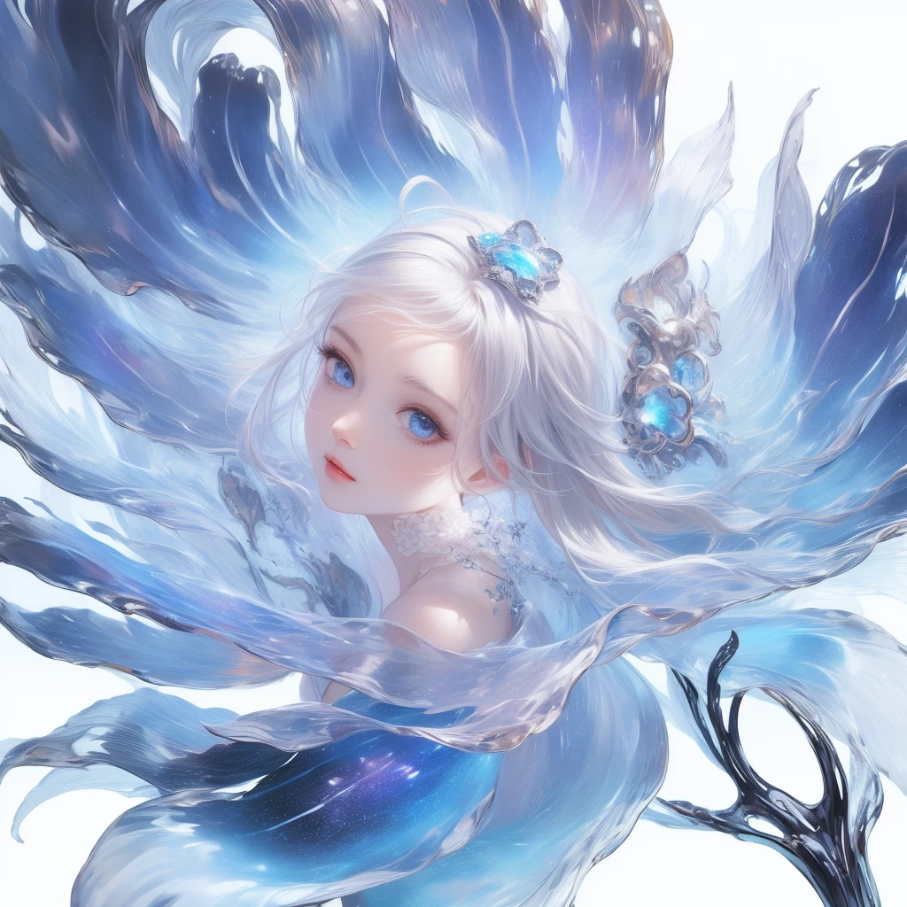 ((masterpiece)), (((best quality))), ((Super detailed)), ((illustration)),[Realistic lighting effects],shadow,(Fantasy style),(White background:1.6), Simple background, (earth theme),(A cape)[(hair focus,((1 Girl)),[(Big slime hair): (Cloud):0.3], (hair on background),(High Saturation),(The hair is surrounded by galactic splashes),)):((Her hair turned into a galactic cloud,:1.27628), (Hair and clothes are galactic clouds and star clusters:1.1025),(A cape is becoming galaxy clouds)