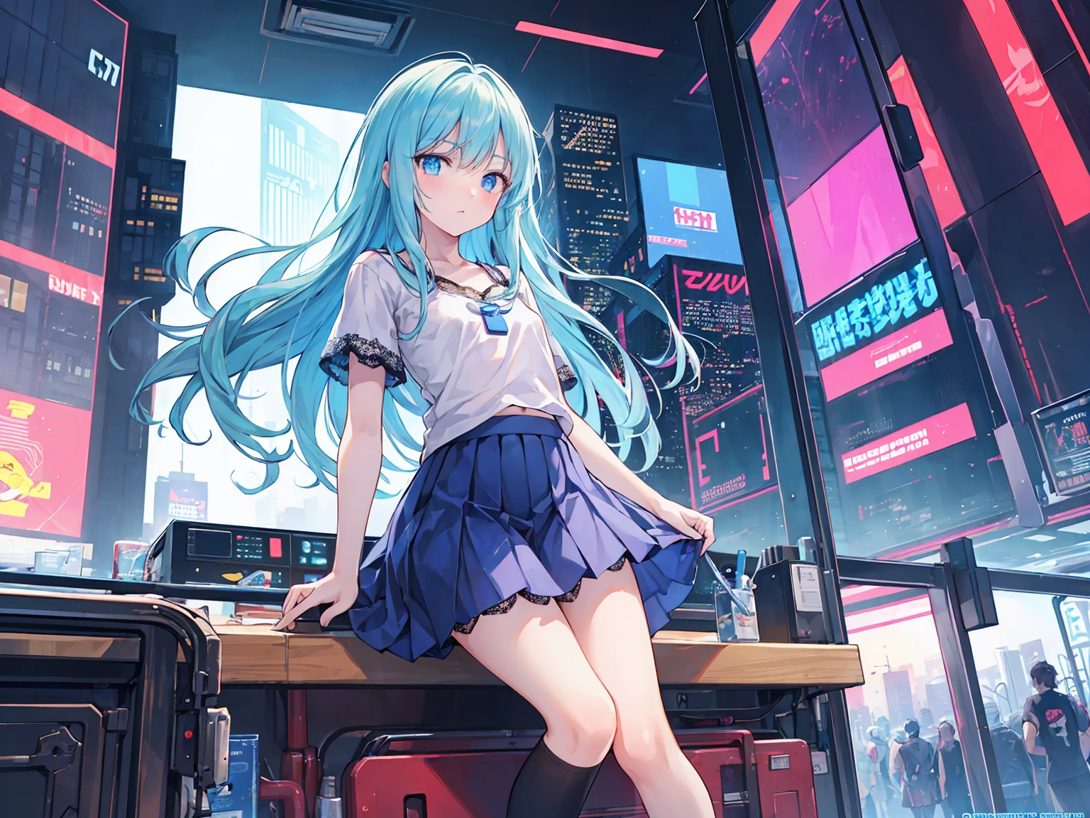 (masterpiece:1.2), best quality, highres, original, (extremely detailed:1.2), ultra-detailed, wallpaper, perfect lighting,(extremely detailed CG:1.2), 8k, anime illustration, 1boy, cross-dressing, long hair, light-blue hair, (cyberpunk fashion, short-sleeved T-shirt, knee-length skirt, lace hemline, delicate clothes, flat chest:1.2), flying a high-tech aircraft, futuristic city background, sci-fi city, (anatomically correct: 1.3)
