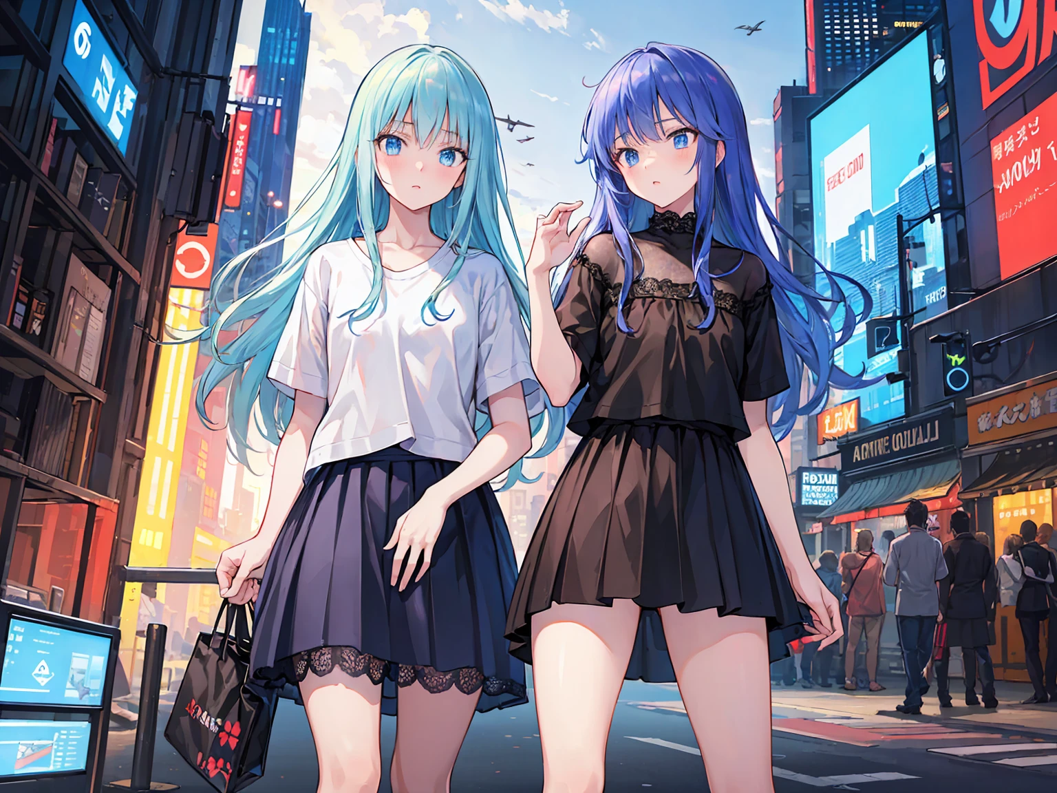 (masterpiece:1.2), best quality, highres, original, (extremely detailed:1.2), ultra-detailed, wallpaper, perfect lighting,(extremely detailed CG:1.2), 8k, anime illustration, 1boy, cross-dressing, long hair, light-blue hair, (cyberpunk fashion, short-sleeved T-shirt, knee-length skirt, lace hemline, delicate clothes, flat chest:1.2), flying a high-tech aircraft, futuristic city background, sci-fi city, (anatomically correct: 1.3)