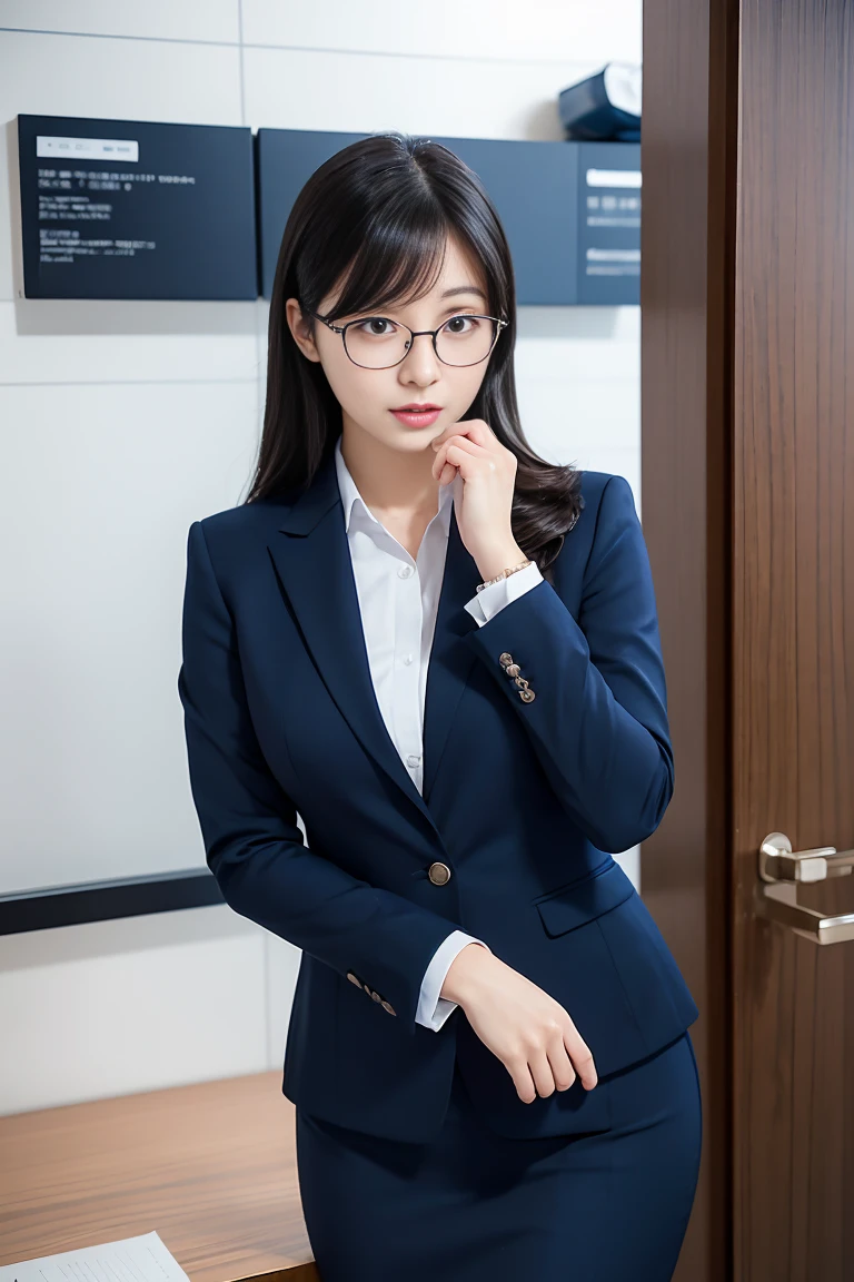 (Highest quality、In 8K、Masseter muscle area、Delicate illustrations、Esbian all over),Sexy and beautiful Japanese office lady、Navy Blue Office Lady Suit(Knee-length skirt type)、vertically curled black hair、Glasses、Change clothes in the changing room、Height: 160 cm、A woman weighing 60 kg