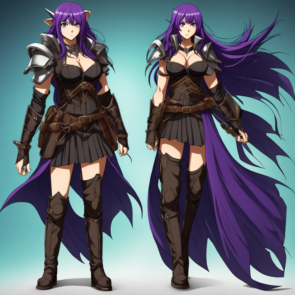 a female character for a soul eater style anime with these characteristics:

- A bear-woman demi-human (just bear paws and ears)
- Scar on the cheek and neck - Lifeless dark purple eyes and short dark purple hair - An extremely tired look - Above average breasts, while the rest of the proportions are average - His clothes are leather armor with iron plates on his chest, shoulders,knees."