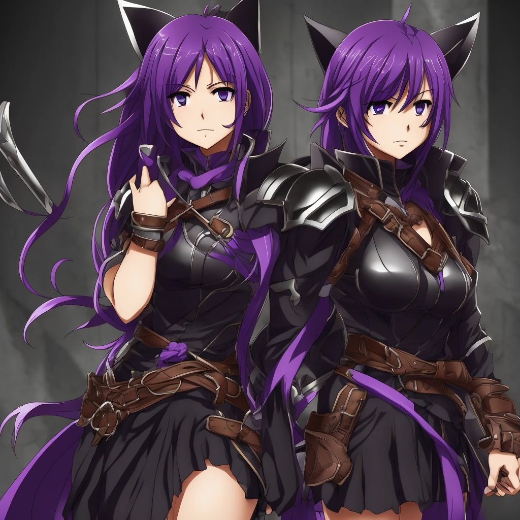 a female character for a soul eater style anime with these characteristics:
- A bear-woman demi-human (just bear paws and ears)
- Scar on the cheek and neck - Lifeless dark purple eyes and short dark purple hair - An extremely tired look - Above average breasts, while the rest of the proportions are average - His clothes are leather armor with iron plates on his chest, shoulders,knees."