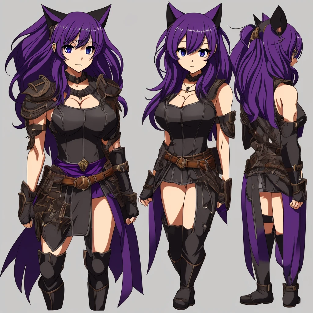 a female character for a soul eater style anime with these characteristics:
- A bear-woman demi-human (just bear paws and ears)
- Scar on the cheek and neck - Lifeless dark purple eyes and short dark purple hair - An extremely tired look - Above average breasts, while the rest of the proportions are average - His clothes are leather armor with iron plates on his chest, shoulders,knees."