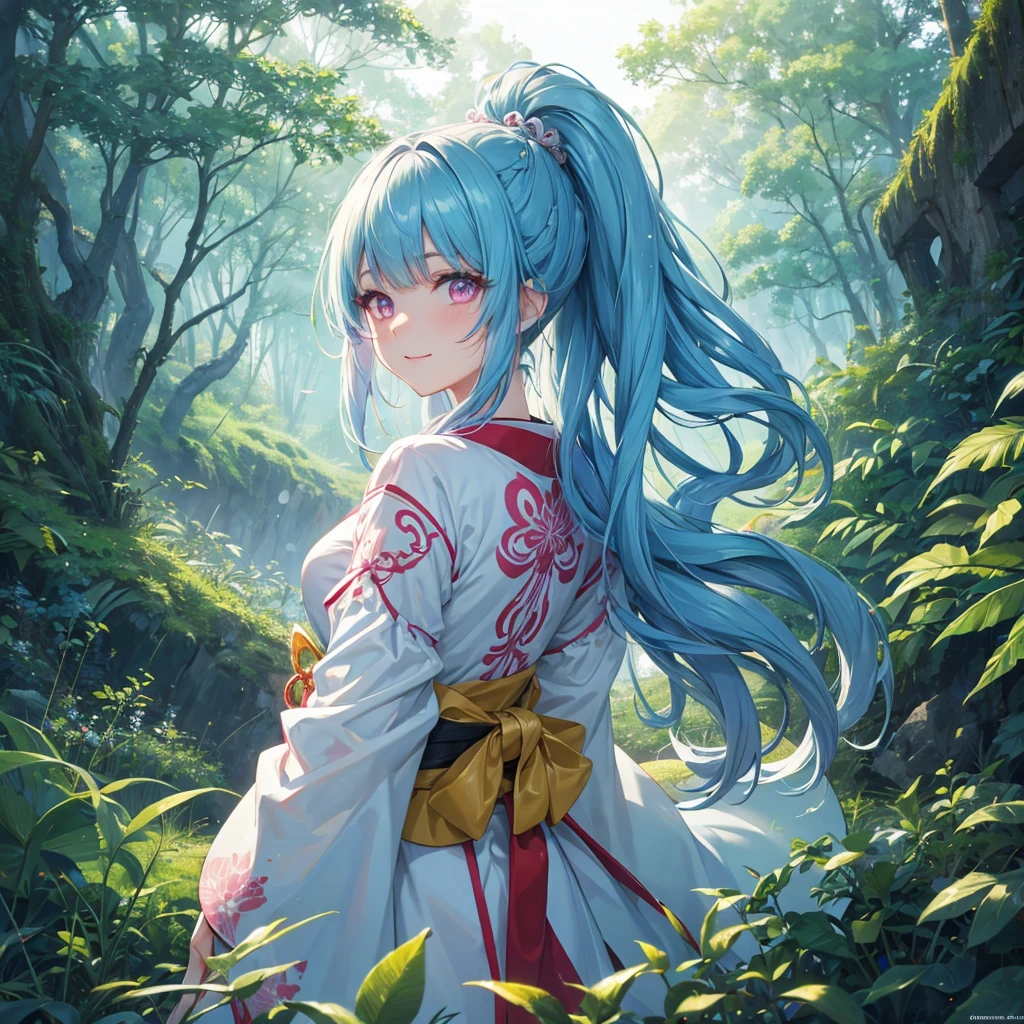 sky Blue hair, (braided ponytail),(pink eyes),fair skin ,(full body),1 girl,happy smile,white red kimono,Fresh green forest,Forest Goddess,Straight Bangs,(masterpiece, best quality, ultra-detailed, best shadow), (detailed background), (beautiful detailed face), high contrast, (best illumination, an extremely delicate and beautiful), ((cinematic light)), colorful, hyper detail, dramatic light, intricate details,guardian of the forest,Leaf Blizzard,