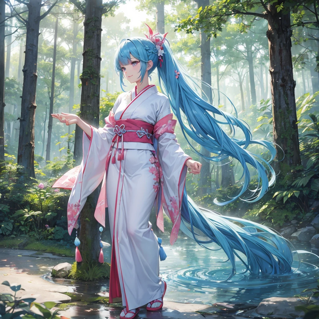 sky Blue hair, (braided ponytail),(pink eyes),fair skin ,(full body),1 girl,happy smile,white red kimono,Fresh green forest,Forest Goddess,Straight Bangs,(masterpiece, best quality, ultra-detailed, best shadow), (detailed background), (beautiful detailed face), high contrast, (best illumination, an extremely delicate and beautiful), ((cinematic light)), colorful, hyper detail, dramatic light, intricate details,guardian of the forest,Leaf Blizzard,