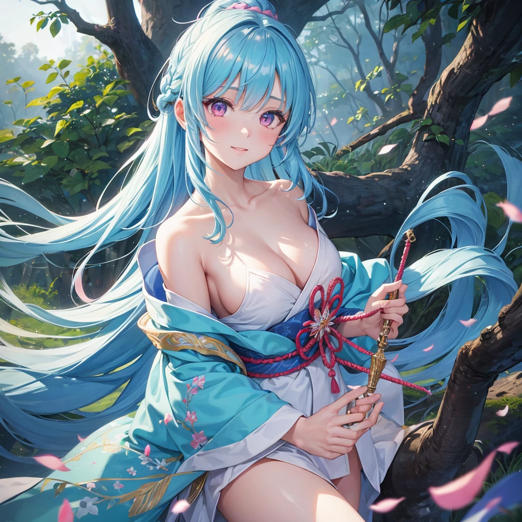 sky Blue hair, (braided ponytail),(pink eyes),fair skin ,(full body),1 girl,happy smile,white red kimono,Fresh green forest,Forest Goddess,Straight Bangs,(masterpiece, best quality, ultra-detailed, best shadow), (detailed background), (beautiful detailed face), high contrast, (best illumination, an extremely delicate and beautiful), ((cinematic light)), colorful, hyper detail, dramatic light, intricate details,guardian of the forest,Leaf Blizzard,