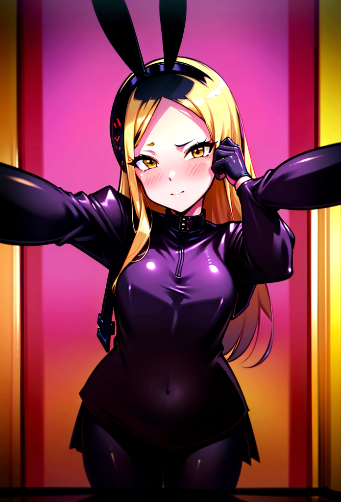 ((masterpiece)), ((best quality)), (ultra-detailed), ((extremely detailed)), 4K, (8K), black skin、Blonde、parted bangs 𝐬𝐡𝐨𝐫𝐭𝐜𝐮𝐭、Hot spring inn、Black leather jacket、Black Shirt、Black Skirt、Gold Bunny Ears