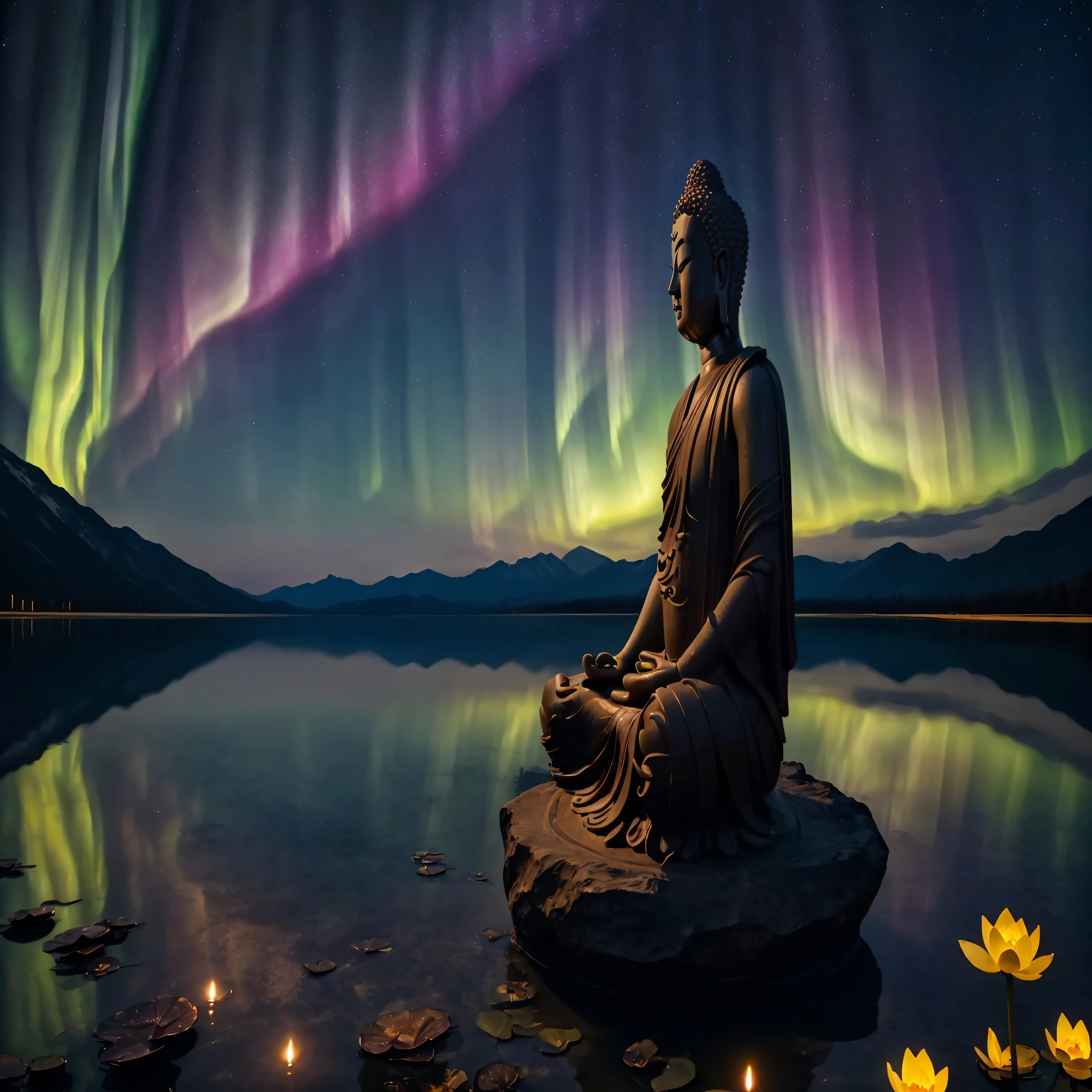 The YouTube thumbnail depicts a meditating Buddha,Perched on a lotus on a beautiful clear lake, night, starry night, Northern Lights, it is, mystery, Best qualityBREAK Ultra-fine skin, Deep Shadows, 8K, Digital SLR Camera, Kodak 1/800s, ISO 100 Standard, .Raw