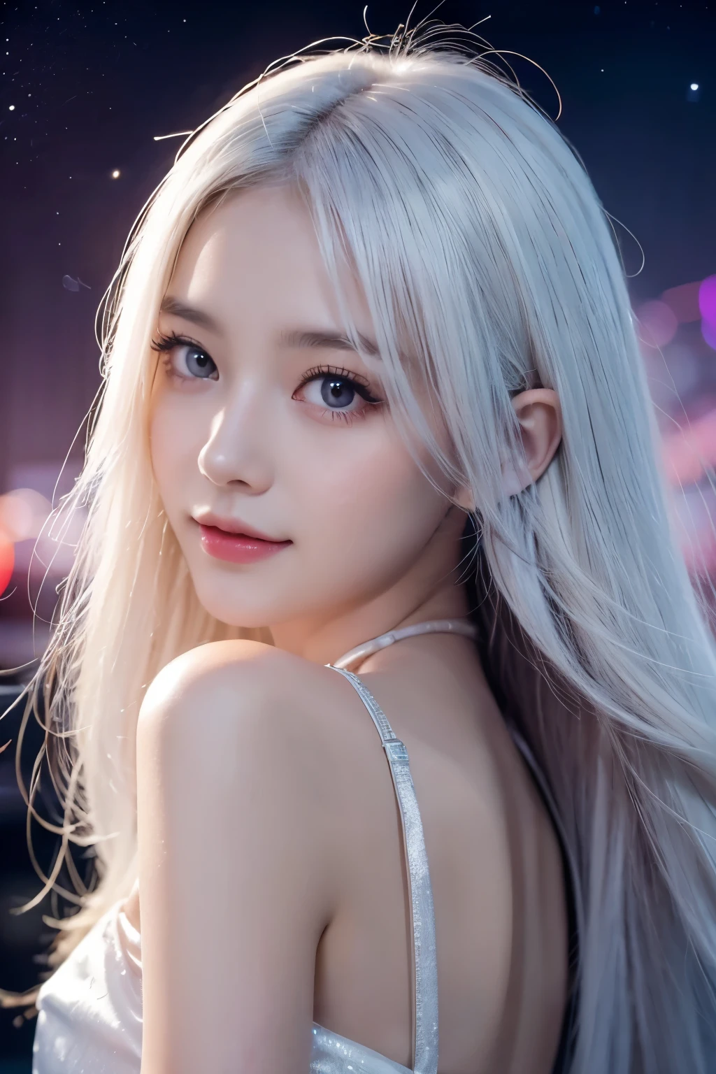 (masterpiece), (best quality), gray hair, red eye,1 girl, pale skin, gray hair, red eye, two tone hair, 속eye썹, bracelet, bijouterie, laugh, skin sparkle, shiny hair, Detailed and majestic stage, fancy, long hair, 1 girl, bicolor hair, night sky, 令人难以置信的细致CG插画masterpiece, looking at you, japanese comics, beautiful japanese comics eye, beautiful detailed eye, eye, glittering eye, red eye, Galaxy, nebula, (whole body), (flex),
