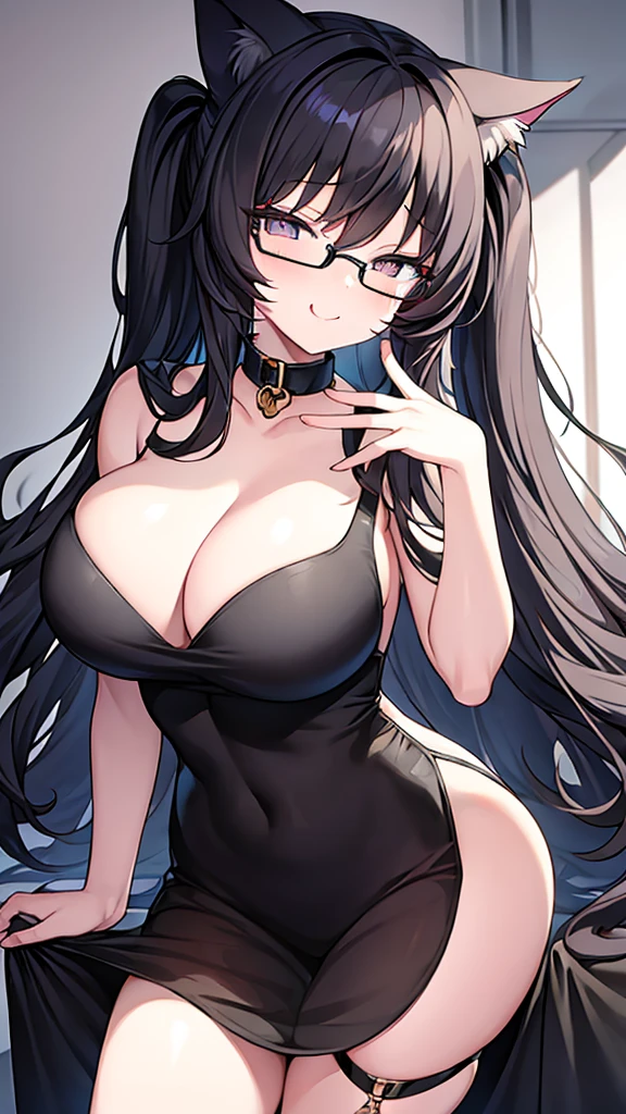 A 20-year-old cat girl with long black hair, gray eyes, cat ears and a cat tail, wears glasses, a sexy black evening dress that reaches to her feet,