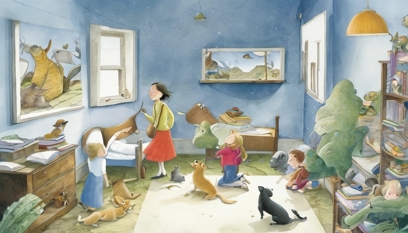 Create an illustration in the style of David Wiesner, the American illustrator, depicting a story about love and education.