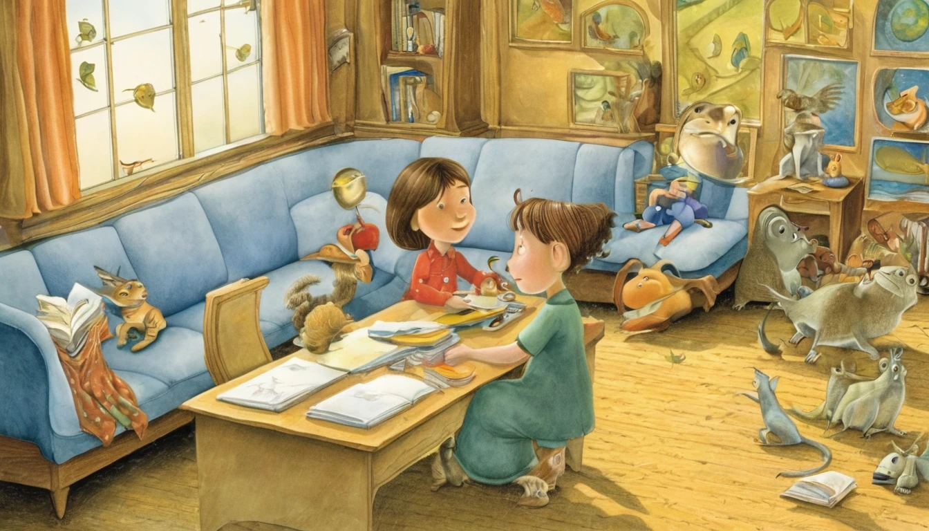 Create an illustration in the style of David Wiesner, the American illustrator, depicting a story about love and education.