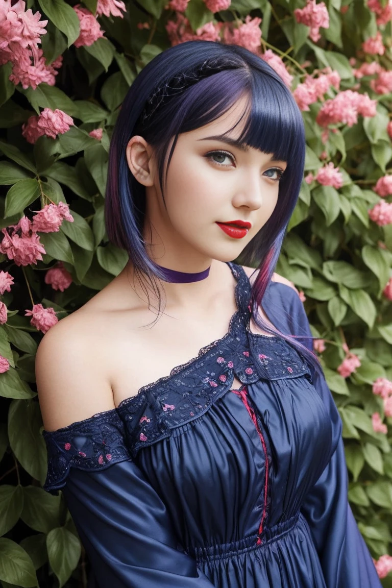 (absurdities, high resolution, ultra detailed), Masterpiece, hinata(boruto), ((Alone)), 1 girl,, purple victorian style long dress, Closed mouth, (((wide))),standing, the bodice and skirt pattern, ruffled skirt, cord, flicker and flicker effect, (((detailed lips))), garden, pink and yellow flowers, ((realistic skin)), shiny skin, ((bright red lips)), purple eyes, portrait, beautiful, SMILE, (((dark blue hair))), crop, normal skin with blue eyes black hair